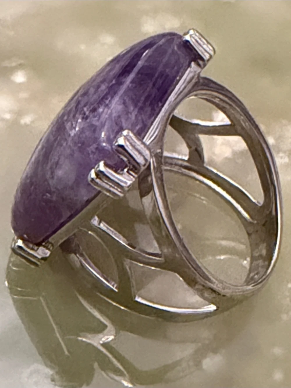 Silver Tone Ring with Amethyst Colored Stone - Size 6.75 US